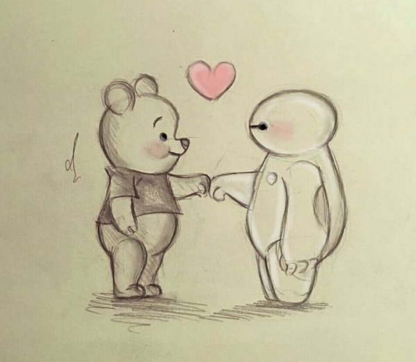 набросок винни пух и робот карандашом