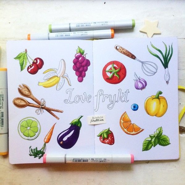 Скетчи маркерами фрукты