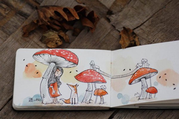 Гриб акварель скетчбук