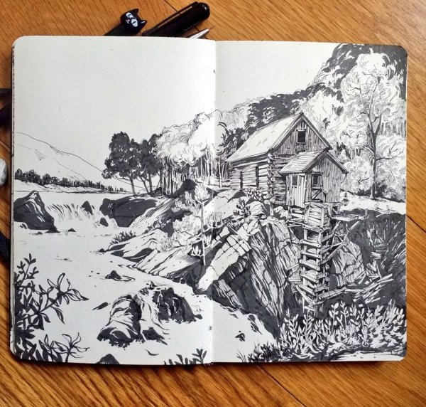 Пейзажи в скетчбуке карандашом цветные