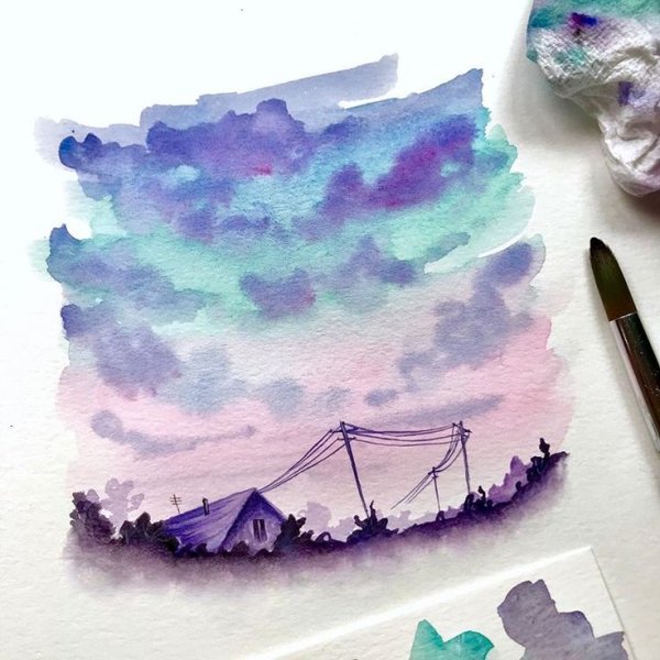 Акварельный пейзаж в круге