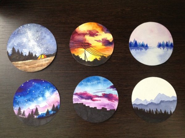 Пейзаж в круге акварелью