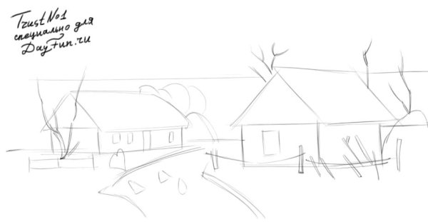 Деревенский пейзаж карандашом для детей