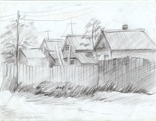 Деревенский пейзаж карандашом