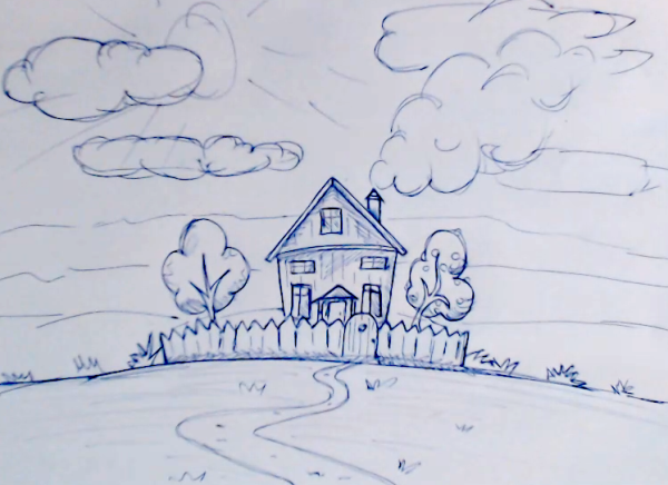 Поэтапное рисование деревенского пейзажа