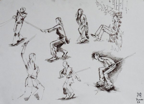 Наброски людей карандашом в движении