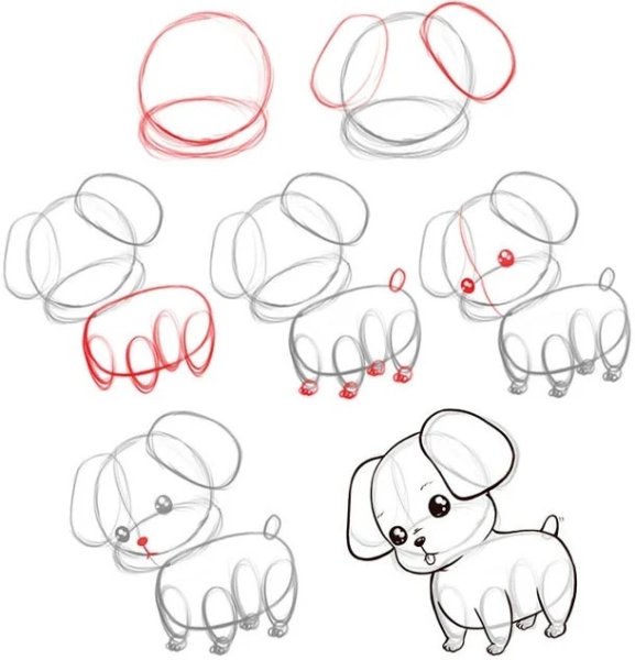 Поэтапное рисование собаки для дошкольников