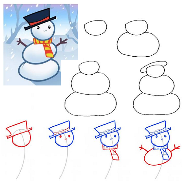 Поэтапное рисование снеговика