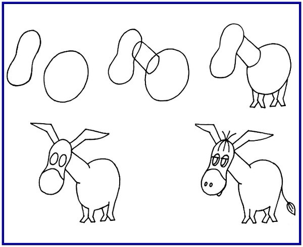 Поэтапное рисование осла