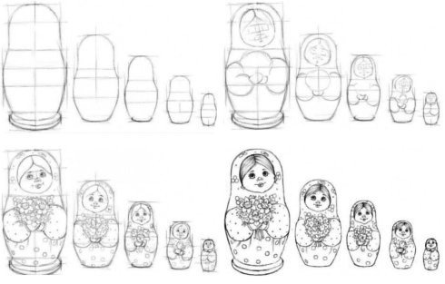 Этапы рисования матрешки
