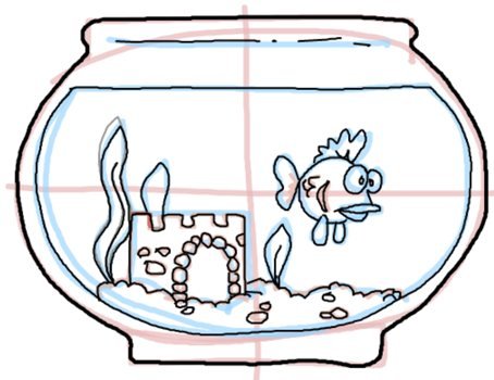 Поэтапное рисование аквариума с рыбками