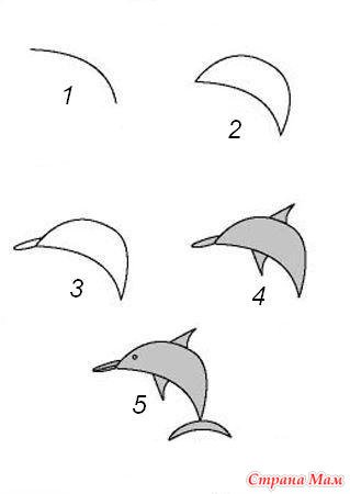 Поэтапное рисование дельфина для детей