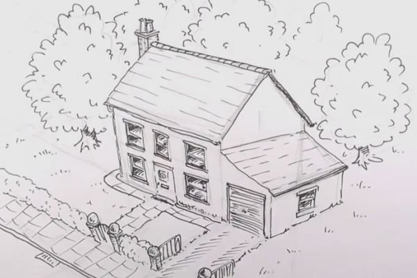 Пейзаж дачи карандашом