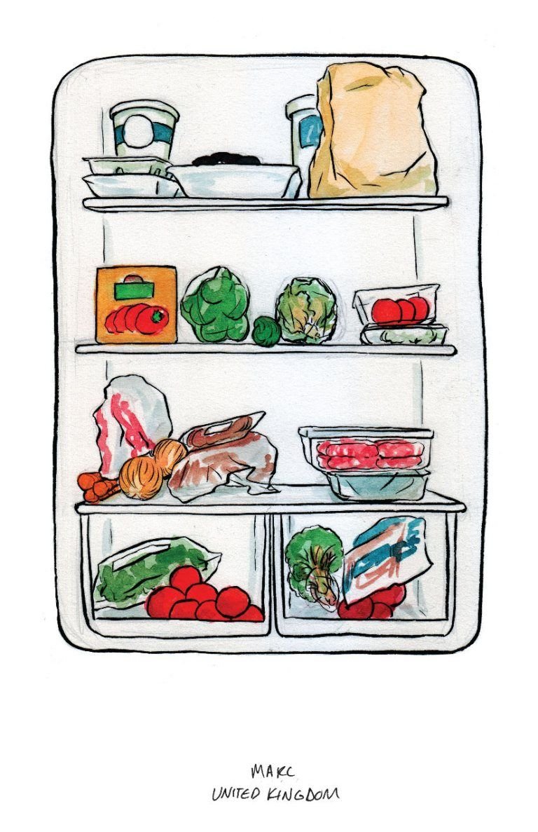Нарисовать холодильник с продуктами на английском языке