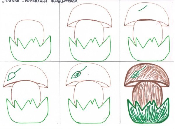 Поэтапное рисование грибов