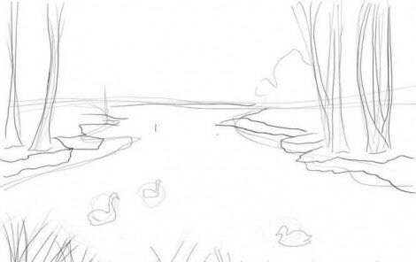 Пруд карандашом для срисовки