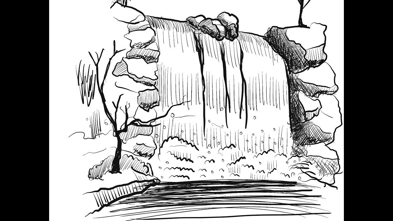 Как нарисовать водопад карандашом поэтапно для начинающих
