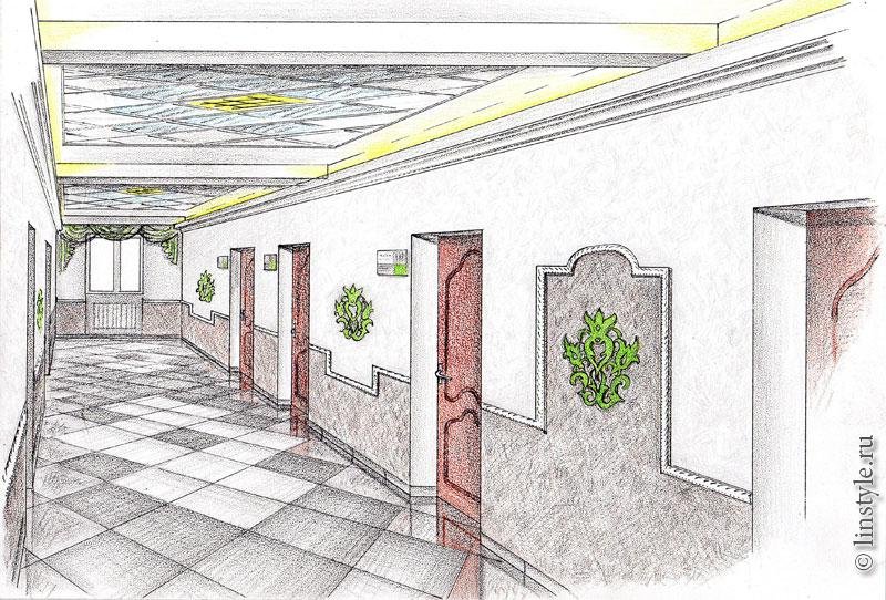 Интерьер здания рисунок 7 класс. Эскиз коридора школы. Коридор в перспективе. Коридор интерьер в перспективе. Стена в перспективе.
