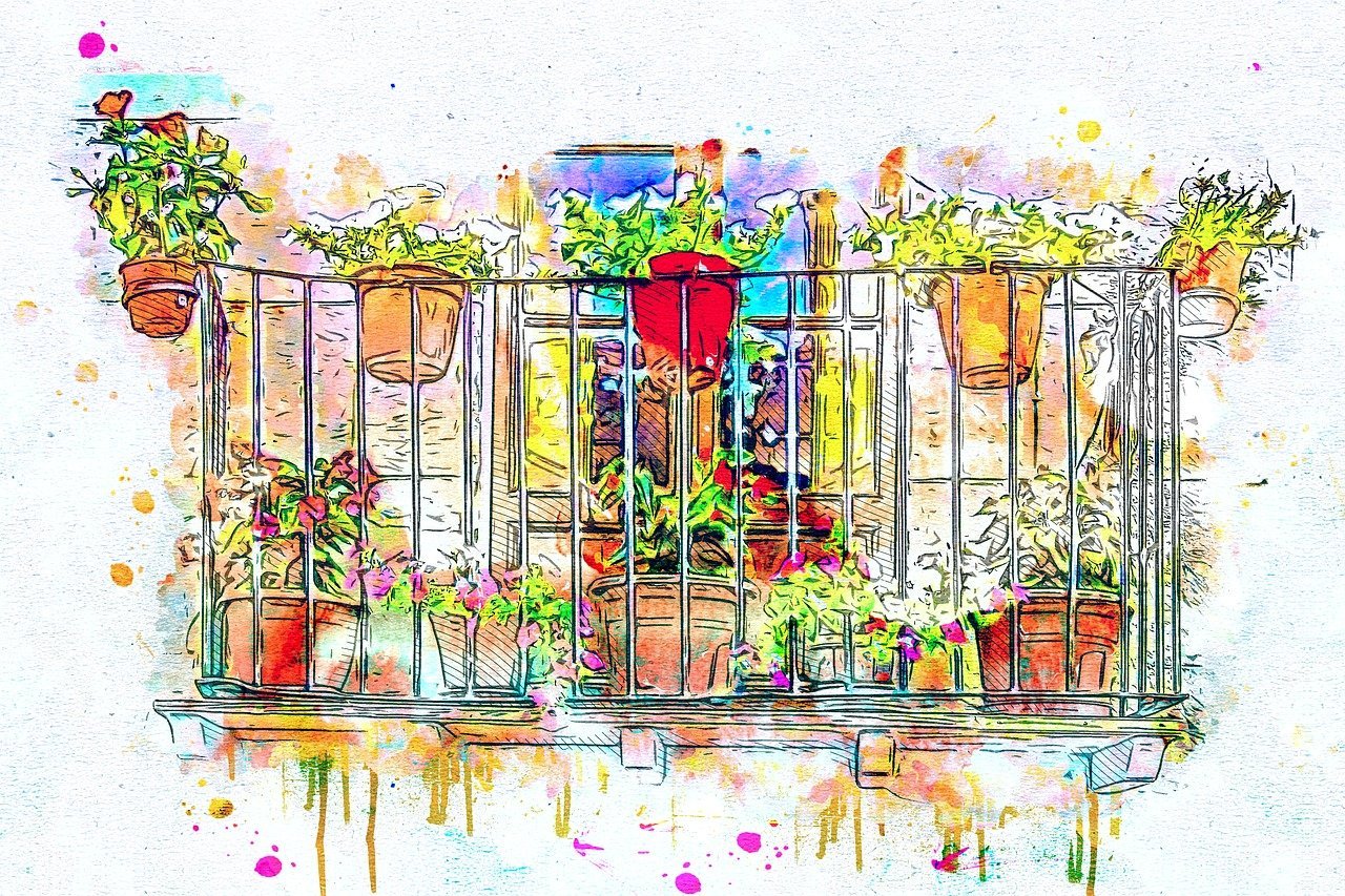 Балкон с цветами акварель