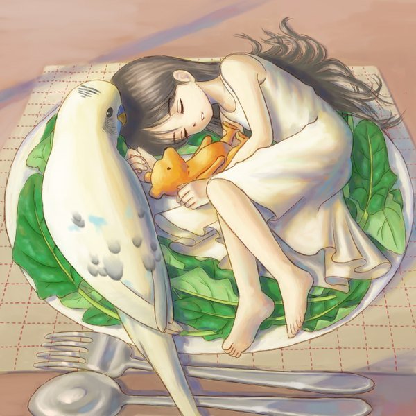 Аниме девушка с попугаем