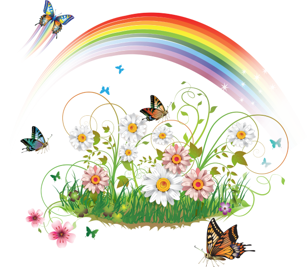 Поляна с цветами и радугой