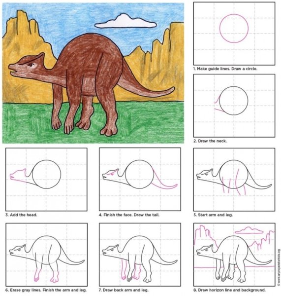 Схема рисования динозавра для детей