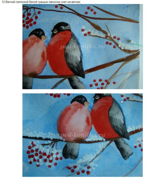 Этапы рисование Снегири на ветке