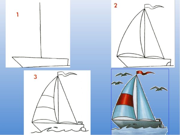 Поэтапное рисование корабля для детей