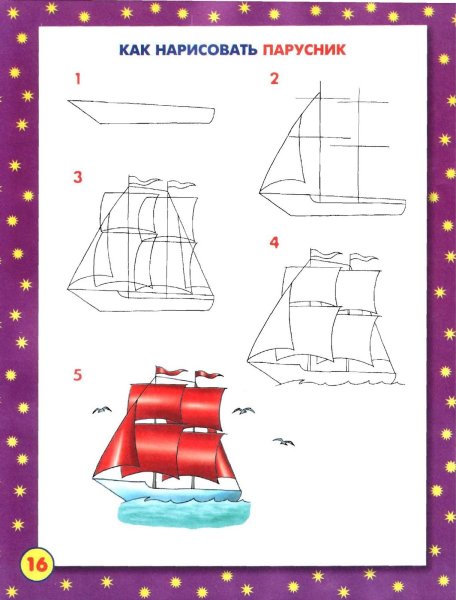 Поэтапное рисование корабля с парусами