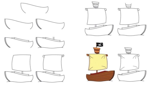 Пиратский корабль карандашом поэтапно