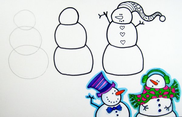 Этапы рисования снеговика