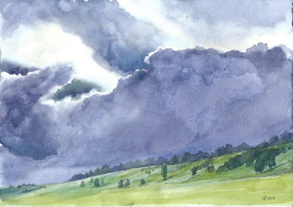 Грозовое небо акварелью
