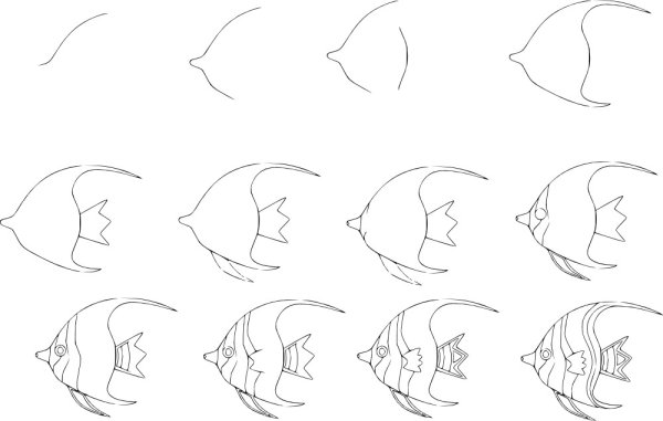 Поэтапное рисование рыбки