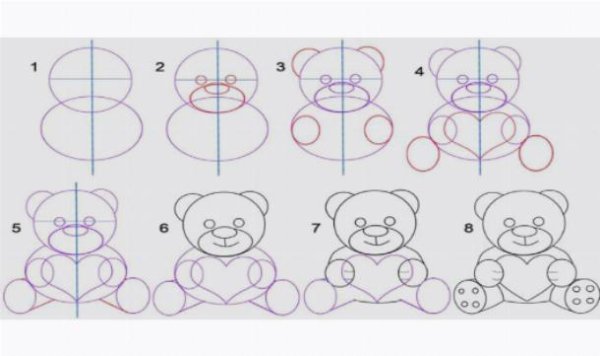 Поэтапное рисование мишки с сердечком