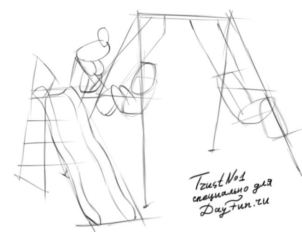 Качели рисунок поэтапно