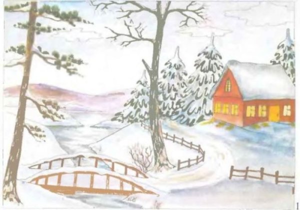 Зимний пейзаж карандашом