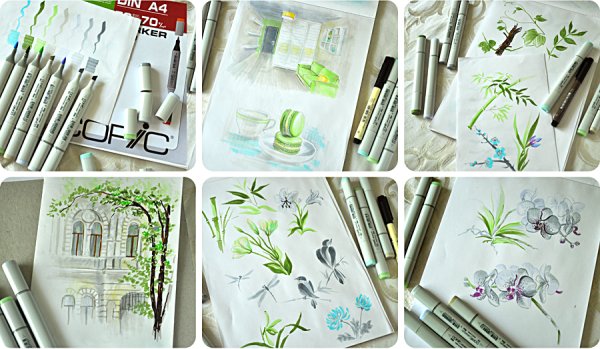 Пейзаж маркерами для скетчинга цветы