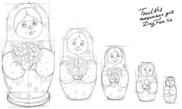 Поэтапное рисование матрешки
