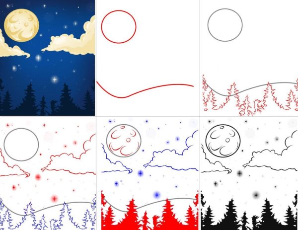 Поэтапное изображение пейзажа с детьми