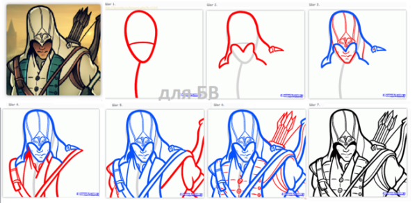 Рисунок ассасина карандашом поэтапно для начинающих