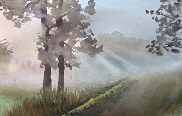 Лес в тумане карандашом