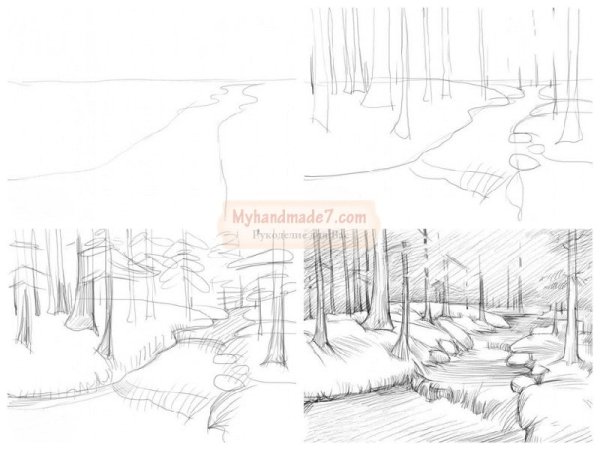 Утренний пейзаж акварелью