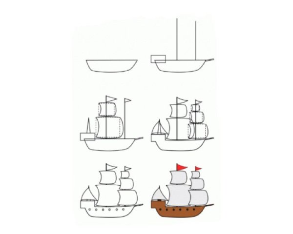 Пошаговое рисование корабля для детей