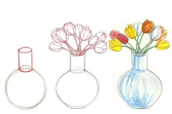Поэтапное рисование вазы с цветами