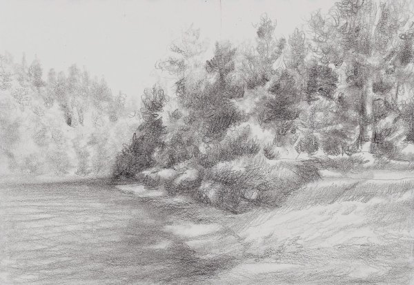 Пейзаж реки карандашом