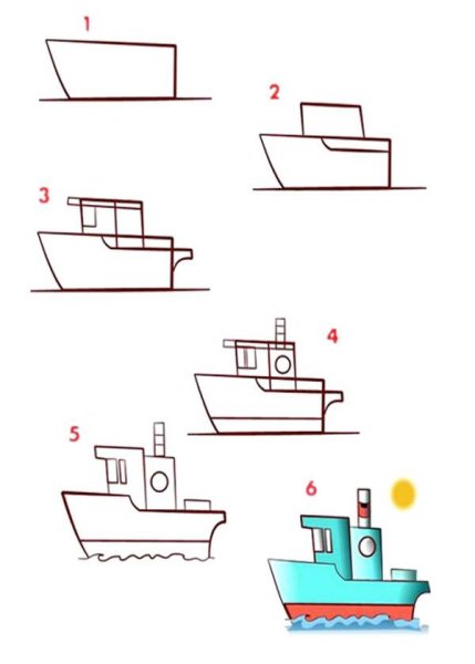 Поэтапное рисование корабля для детей