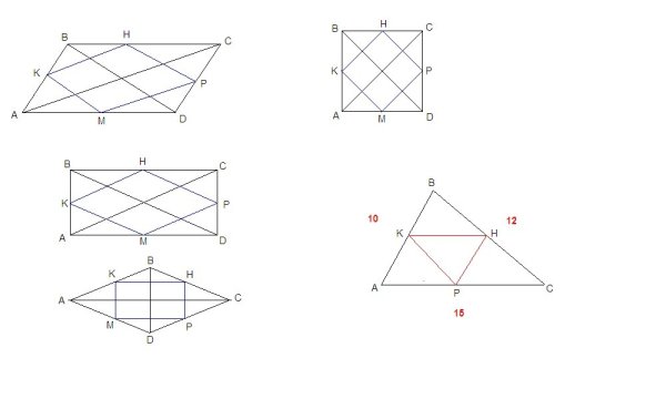 Соединяет середины сторон