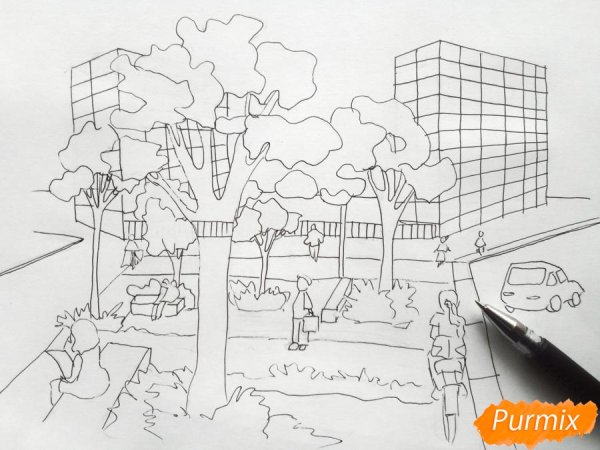 Наброски парка карандашом