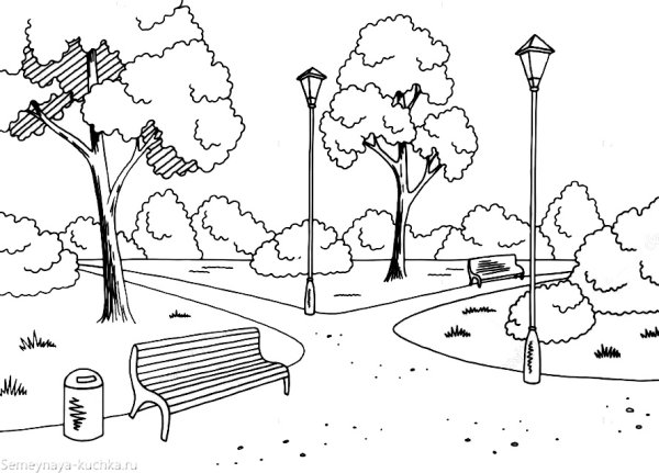 Рисунок карандашом фонтан в парке