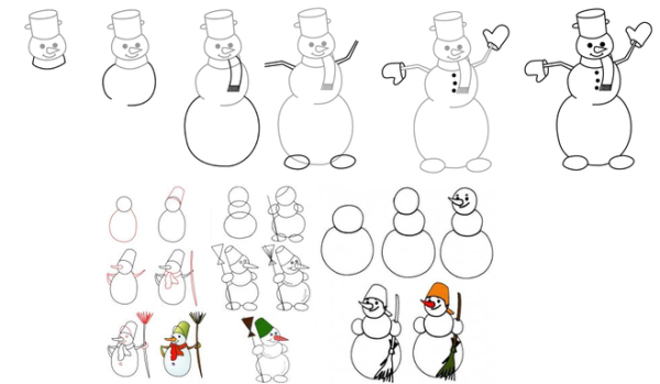 Пошаговое рисование снеговика